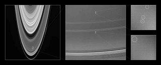 foto van de vier propellervormige structuren in de ringen van Saturnus