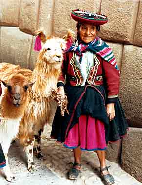 De rode flosjes in de oren van de lama zijn ter ere van Pachamama, 'Moeder Aarde' 