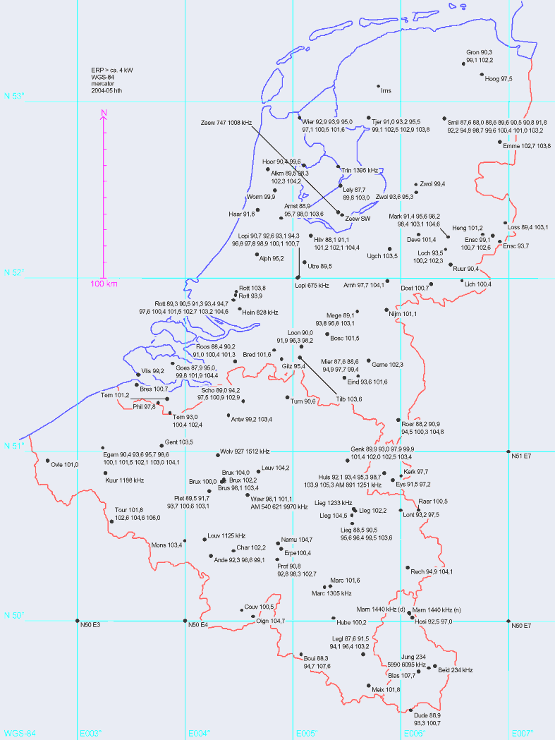 Locatie en frequentie van zenders in Belgi, Nederland en Luxemburg