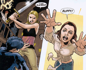 Just before Buffy kills Genevieve with the sword, Faith rushes in to stop her.