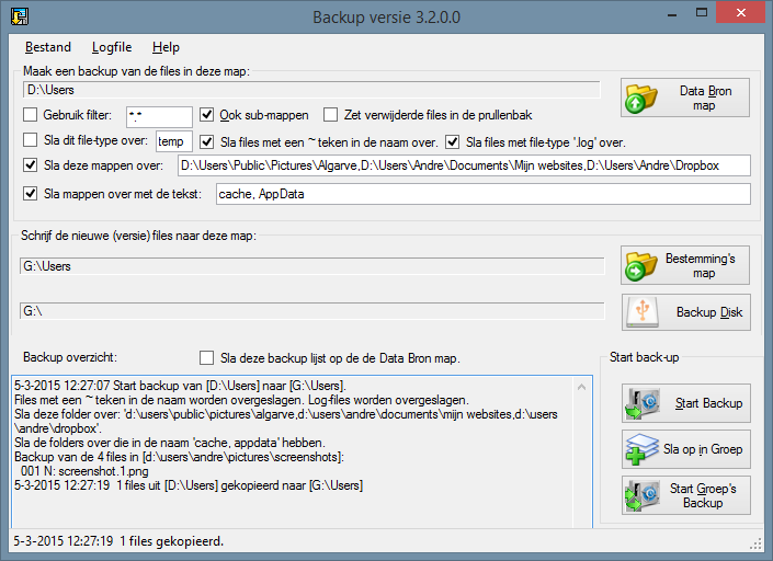 Hoofd venster backup program