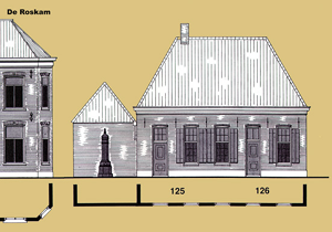Huis en smederij van GIJSBERT VAN DE MHEEN en zoon WILLEM VAN DE MHEEN aan de Schoutenstraat, waar beiden - Gijsbert rechts op nr. 126 in 1895 en Willem links op nr. 125 - woonden en werkten.