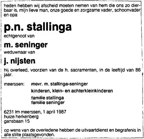 Petrus Nicolaas Stallinga 1987