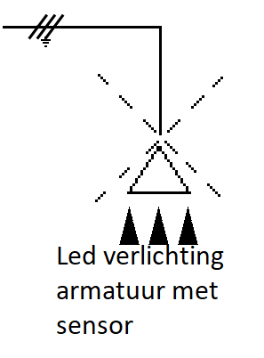 Schematekening schakel en ledverlichting artmatuur met sensor rechtstreeks op het lichtnet zonder tussenkopmst van een schakelaar