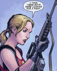 Buffy inspects a found M16 rifle.