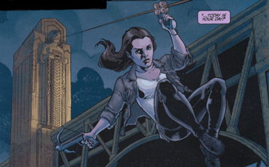 Faith glides along a cable from a high building to the ground. She is armed with a small crossbow.
